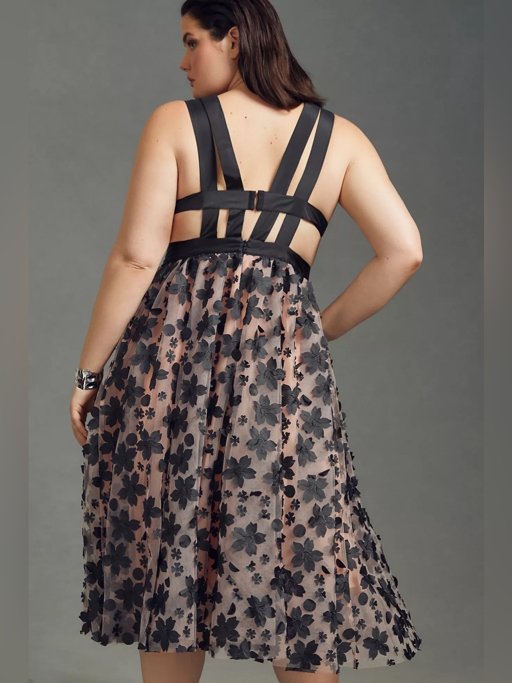 NWOT Anthropologie Black 3D floral applique a line cocktail dress 16 - Picture 4 of 6